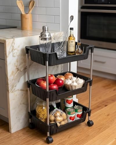 Image of JD FRESH 3-Tier Multi Storage Rack for Home & Kitchen /360-Degree Rotating Wheels with Breathable Kitchen Shelf Storage Rack /Plastic Rolling Cart for Kitchen, Bathroom, Office & Living Room (Black)