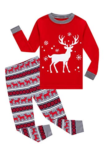 KikizYe Little Girls Long Sleeve Christmas Pajamas Sets 100% Cotton Red Holiday Pyjamas Kids Xmas Snowflake Pjs Size 6 Reindeer