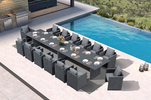 Image of PURPLE LEAF Outdoor Dining Set Extra-Long for 14 with Olefin Armchairs Grey