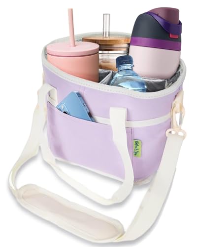 4 Water Bottle Holder with Strap | Family Size 4 Compartment Drink Bag Multiple Tumbler Carrier Caddy | Adjustable Fits Large & Small Drinks | Hands Free Wont Tip Over in Car (Lavender)