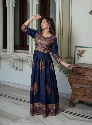 Image of Daevish New Gold Printed 3 /4 Sleeves Flared Maxi Length Dress for Women & Girl's | Maxi Dress for Women | Women Flared Dress
