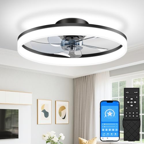 Image of VOLISUN Low Profile Ceiling Fans with Lights and Remote, 20in Fandelier Ceiling Fan Flush Mount, 3000K-6500K Smart Bladeless LED Fan Light, Black Modern Ceiling Fans with Lights for Bedroom