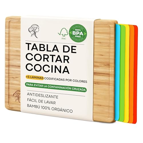 Qualis Summa- Tabla Cortar Cocina - 6 Tablas de Cocina en 1- Tabla de Cortar de Bambú y 5 Láminas para cada Alimento- Tabla Madera Cocina Antibacteriana, Antideslizante, Evita Contaminación Cruzada