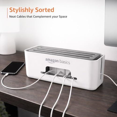 Image of Amazon Basics - Cable Management Box with Mobile Stand - Power Strip, Cords, Wires | Surge Protector Hiding Cover Organizer for Home, Office (White)