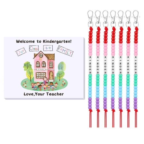 Junkin 24 Sets Kindergarten Back to School Gifts for Student Include Our Class Is a Family Greeting Card First Day of School KeyChain with Bag Letter Bead KeyChain for First Day of Classroom