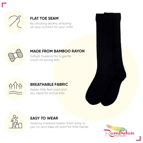 Rambutan Kids (2 Pack) Comfort Seam Plain Color Rayon made from Bamboo Knee High School Socks (s, Black) - Thumbnail 3