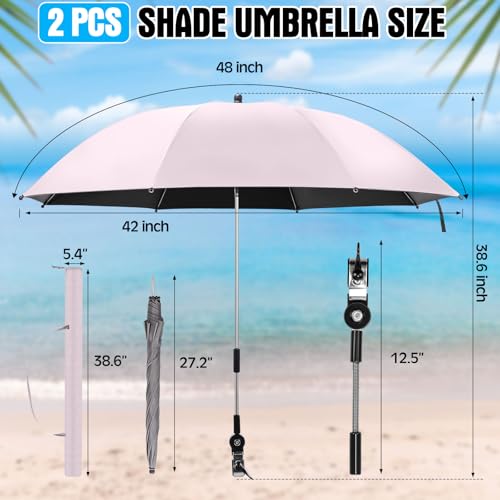 Talltalk 2 Pcs Beach Umbrella with Clamp, 42" UV Protection Chair Umbrella, 360° Adjustable Universal Clamp Sun Shade for Beach Chair, Stroller, Wheelchair, Golf Cart & Bleachers(Pink) — view 2