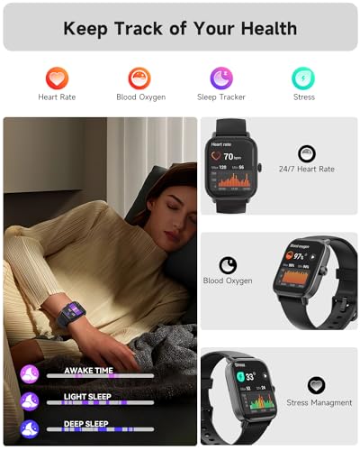 Amzhero Smartwatch für Damen,1,8''Fitnessuhr mit 100 Sportmodi,Bluetooth Telefonfunktion,Benachrichtigung,SpO2,Herzfrequenzmonitor,Schlafmonitor,Lange Akkulaufzeit,Wasserdicht,für iOS Android,Schwarz – Bild 4