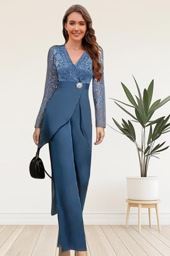 2 Piece Mother of The Bride Pant Suits for Women Lace Applique Chiffon Formal Outfits Long Sleeve Cocktail Party Dresses2
