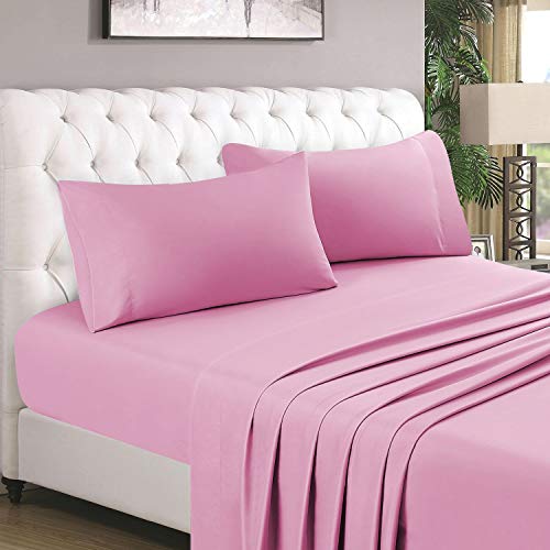 HOMEIDEAS 4 Piece Bed Sheet Set (Full, Pink) 100% Brushed Microfiber 1800 Bedding Sheets - Deep Pockets
