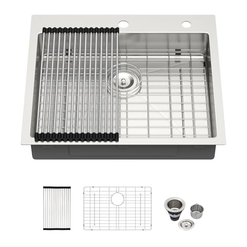 Image of Kichae 25 Drop In Kitchen Sink - 25x22x5 ADA Compliant Drop Sink Stainless Steel 16 Gauge Single Bowl Topmount Round Corner Handmade Shallow Basin
