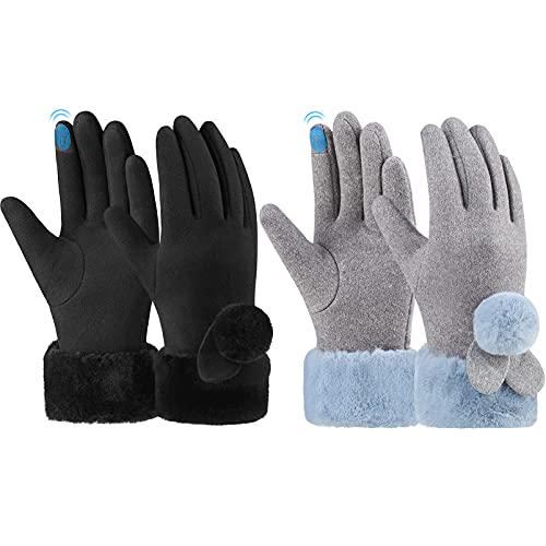 OKIDSO Kids Winter Ski Gloves - 2 Pairs Girls Elegant Snow Gloves Touchscreen Windproof Fleece Thermals Warm Glove Ladies Super Soft Thicken Snowproof Mittens for Learning Outdoors Skiing Playing