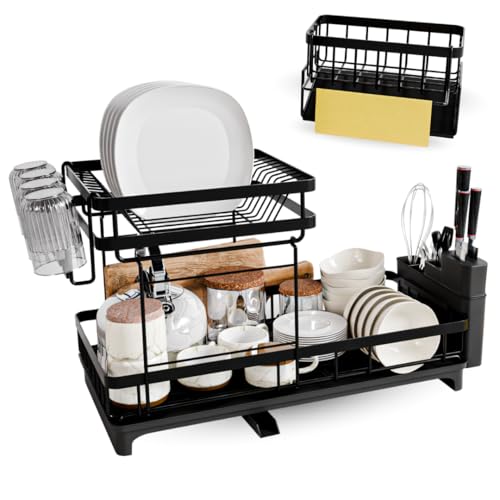 Escurridor de Platos Acero Inoxidable con Soporte para Esponja, Jabon y Paño de Cocina - Escurreplatos sobre Fregadero Grande 2 Niveles Ajustables para Fregadero con Drenaje Giratorio