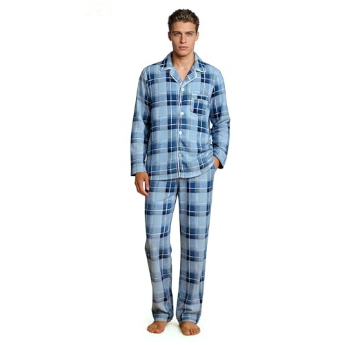 Vulcanodon Mens Plaid Pajama Set Soft Cozy Button Down Lounge Pajamas for Men Long Sleeve Sleepwear Pants with Pockets(Dark Blue Plaid L)