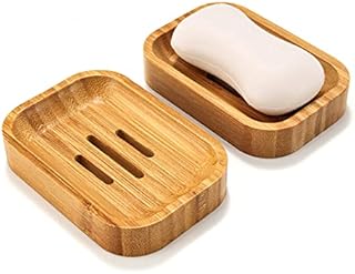 GUANJUNE Pack of 2 Natural Wood Bamboo Soap Dish Holder for Bathroom Kitchen Sponges Accessories Storage