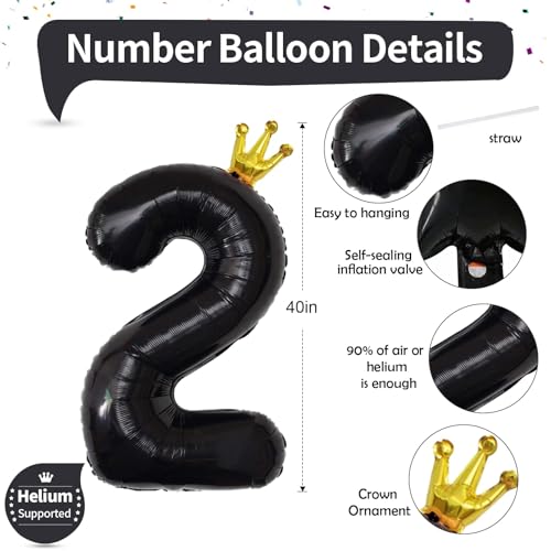 Image of 40 Inch 2nd Birthday Balloon Number, Crown Black Foil Giant Number Balloons 0-9 Set, Self Inflating Balloons for Kids Girls Boys 20th Birthday Party Decor Anniversary Party Decoration Supplies