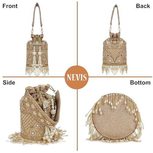 Image of Nevis Silk Fabric Designe Embroidered Potli Bag with Pearl Tassels & Beaded Strap | Bridal Ethnic Drawstring Clutch for Wedding