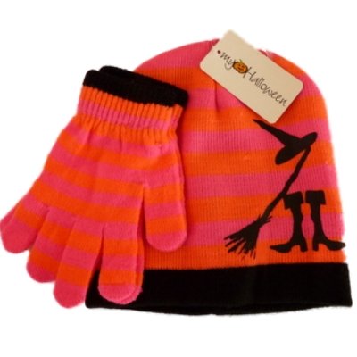 My Halloween Girls Pink Orange Stripes Witch Beanie Gloves Hat set