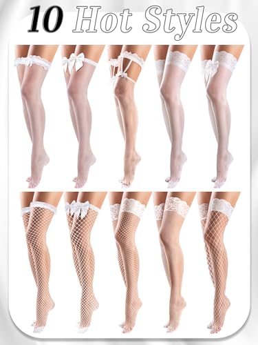 Image of Fourluoo 10 Pairs Silk Fishnet Thigh High Stockings Women Lace Top Sheer over Knee Stocking for Halloween