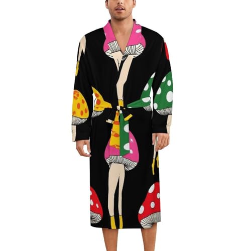 Fashion Spa Bath Robe for Men, Long Sleeves Full Length Robes Lightweight Various Mushrooms Ladies Unique Mushroom Bathrobe with Belt