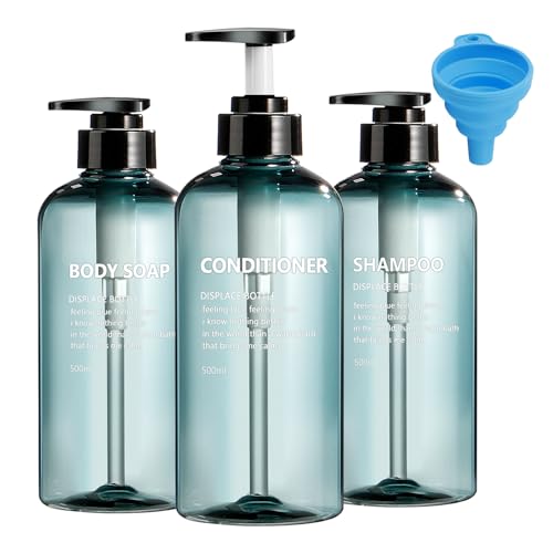3 Pack Empty Shampoo Bottles with Pump 500ml Refillable Shampoo Bottle Body Wash & Shampoo Dispenser Blue Plastic Bottles for Bathroom Kitchen