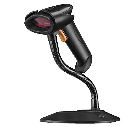 Flexzion USB Wired Barcode Scanner Automatic Handheld Laser Scan Scanning Gun Bar-Code Reader with Hands Free Adjustable Stand and 6ft Cable for Supermarket Library File Management Tracking POS