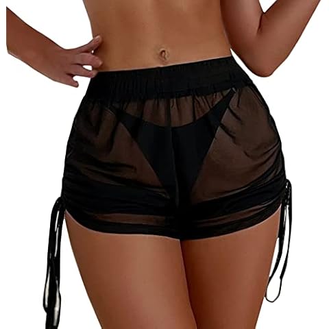 Topgrowth Women's Swim Shorts High WAIS Adjustable Drawstring Bikini Swimwear Short Ruched Tummy Control Leggings Black Cover
