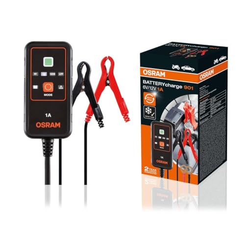 OSRAM BATTERYcharge 901, mantenitore di carica per batterie di veicoli a 6V & 12V, caricabatterie portatile per moto e veicoli più piccoli con cilindrata fino a 1,2 L