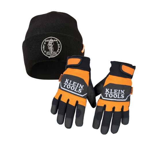 Klein Tools 80158 2-Piece Work Gloves and Winter Hat Set Features X-Large Thinsulate Thermal Gloves and Heavy Knit Hat with Vintage Logo