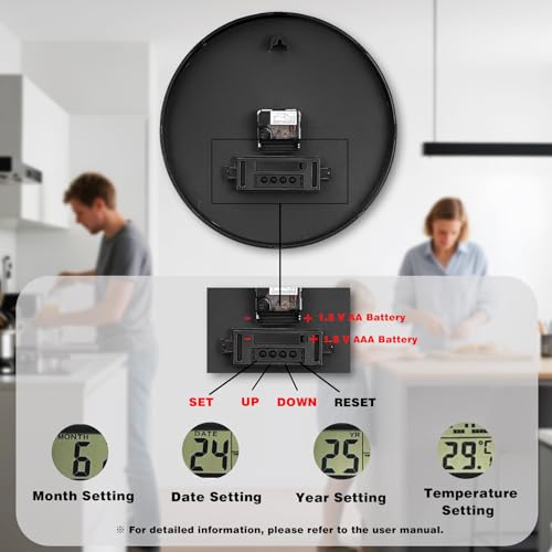 Image of AKCISOT Wall Clock 12 Inch, Non-Ticking Silent Battery Operated Analog with LCD Display for Perpetual Calendar and Temperature, Ideal Modern Decor for Home, Bedroom, Kitchen, Office (Black)