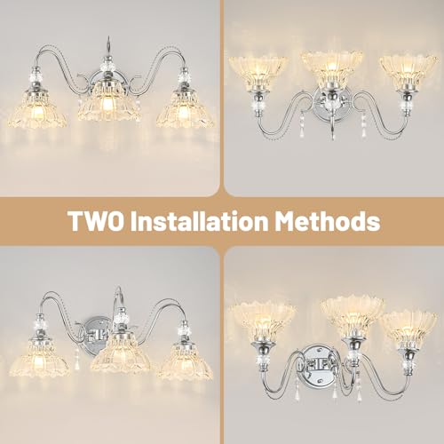 Image of Brushed Chrome Bathroom Vanity Light, 3-Light Chrome Finish Wall Sconce with Hanging Crystal Accents and Flower-Shaped Clear Glass Shades, Modern Wall Mount Vanity Light Over Mirror for Bathroom