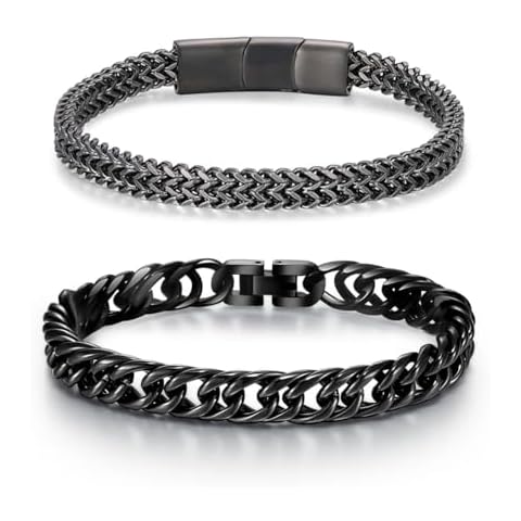 LUCKY2+7 2PCS Bracelets for Men: Stainless Steel Magnetic Clasp Franco Chain in Black & Fold Over Clasp Cuba Silver Chain Mens Bracelet - Ideal Gifts for Dad, Grandpa, Boyfriend, Husband Cover