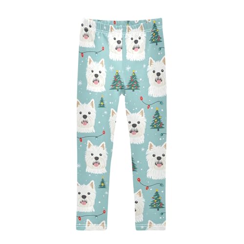 Christmas Cute White Dog Girls Leggings Ultra Soft Compression Yoga Gym Pants for Kids 4-10T