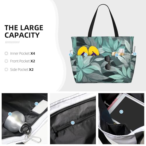 (Mint Gray Leaves) Large Beach Tote Bag For Women With Zipper Foldable Lightweight Travel Pool Bag For Vacation Shopping3