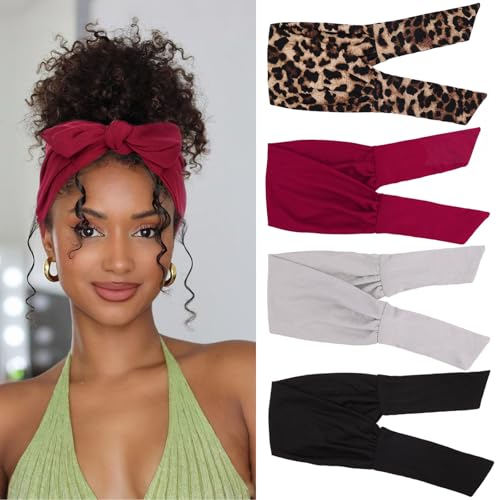 Image of 4 Pieces Adjustable Headbands for Women Elastic Knotted Boho Headbands For Women Fashion Wide Headband Hair Scarf Headband Yoga Workout Head Bands Hair Accessories Band