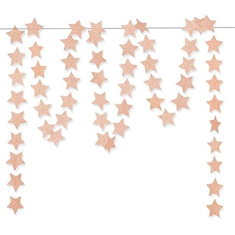 Glitter Pink Champagne Twinkle Star Hanging Garland - Sparkly Paper Five-pointed Bunting Banner String for Birthday Home Decoration, Wedding Photo Booth Props, 2.8", Totally 23 ft/7m Cover