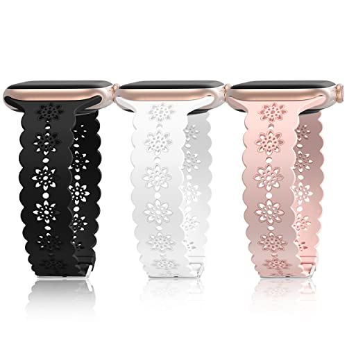 Lace Silicone Bands Compatible with Apple Watch Band 38mm 40mm 41mm 42mm 44mm 45mm 49mm for Women Men, 3 Pack Soft Floral Hollow-out Sport Strap for Apple Watch Ultra iWatch Series 8/7/6/5/4/3/SE