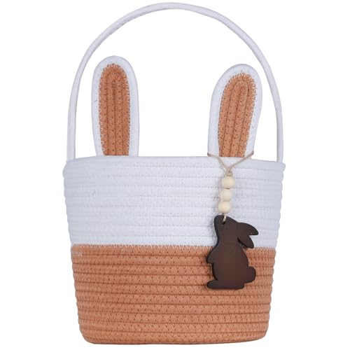 Image of Easter Basket, Empty Easter Baskets for Kids Boys Girls with Bunny Tag Egg Basket Eater Gifts Basket Toddler Teens Babys First Easter Basket with Handle Brown