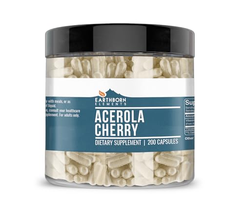 Natural Vitamin C from Acerola Cherry, 200 Capsules, 535mg Serving, High Potency, No Synthetic Ascorbic Acid, with No Additives, Rice Fillers or Magnesium Stearate, Non-GMO & Gluten-Free