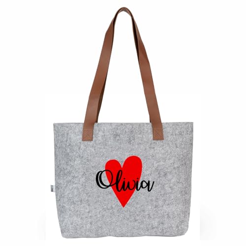 Imagen de Wanapix Bolso Gris Personalizado de Fieltro Bolso de Hombro tipo Shopper Personaliza con Nombre Asas Largas Reforzadas Bolsa Ecológica Regalo Ideal para Mujer Corazón Rojo
