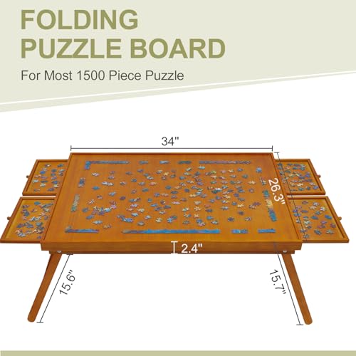 TEAKMAMA 1500 Piece Wooden Jigsaw Puzzle Board with 4 Drawers, Folding Puzzle Table with Protective Cover, Multifunctional Puzzle Board for Adults, 34W x 26.3D, Brown