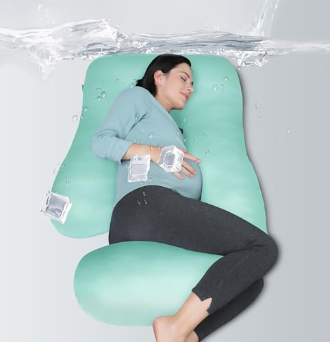 Image of MOON PARK Pregnancy Pillows for Sleeping - U Shaped Full Body Maternity Pillow with Removable Cover - Support for Back, Legs, Belly, HIPS - 65 Inch - Turquoise - Cooling Cover