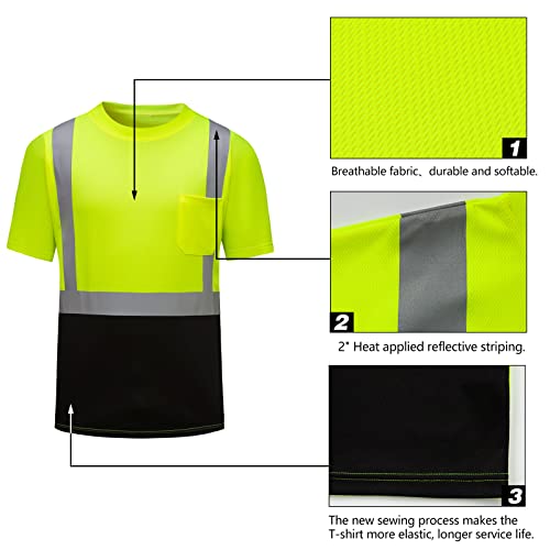Dpsafety High Visibility Shirts Quick Dry Safety T Shirts With Reflective Strips And Pocket Short Sleeve Mesh Hi Vis Construction Work Class 2 Shirt For Men/Women Black Bottom Lime,Medium #TOP1
