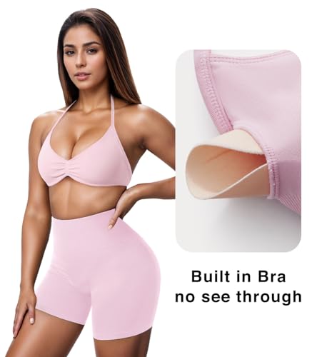 Image of OMKAGI Halter Sports Bras for Women Padded Strappy Bra Open Back Workout Gym Crop