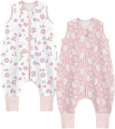 Chilsuessy Baby Sommerschlafsack mit Füßen 2er Pack 1 Tog Kinder Schlafsack mit Beinen 100% Baumwolle Schlafstrampler für Jungen Mädchen, 1 Tog/Süße Blüten + Rosa, 90cm/Baby Höhe 1
