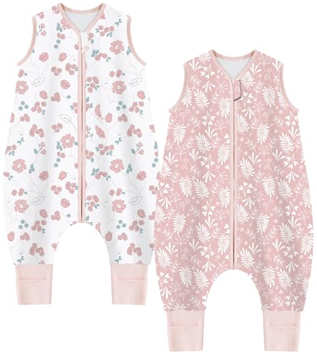Chilsuessy Baby Sommerschlafsack mit Füßen 2er Pack 1 Tog Kinder Schlafsack mit Beinen 100% Baumwolle Schlafstrampler für Jungen Mädchen, 1 Tog/Süße Blüten + Rosa, 80cm/Baby Höhe 90-100cm