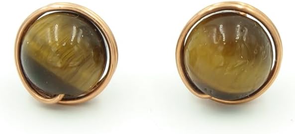Copper Wrapped Tiger Eye Stud Earrings - Natural Stone Earrings - Tiger's Eye Posts - Tigereye Earrings - Copper Stone Earrings ~ Brown Earrings - Copper Wire Wrapped Earrings For Women