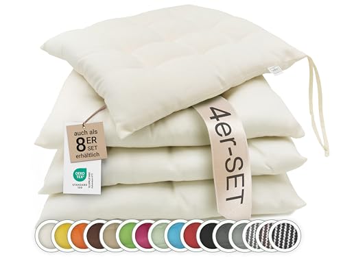 ZOLLNER 4er Set Sitzkissen in 40x40cm - gemütliche Stuhlkissen mit Bindebänder - waschbar bis 30°C - in Creme - Oeko Tex® Zertifiziert