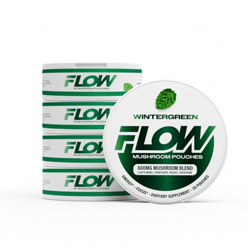 Flow Pouches Mushroom Nootropic Pouches - 600mg Organic Mushroom Energy Ultra Pouches with Lions Mane Reishi Cordyceps for Focus & Clean Energy - Zero Caffeine or Sugar (5 Can Pack Wintergreen)