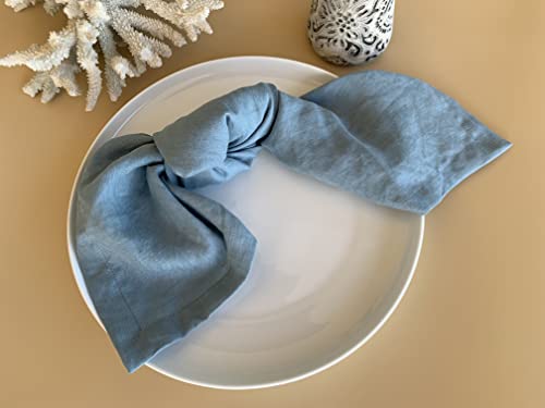 Eight Owls Stonewashed Linen Napkins - 20 Inch X 20 Inch – Set Of 4-100% Pure Linen Cloth - Mitered Corners - Coast, Blue Bay #TOP1